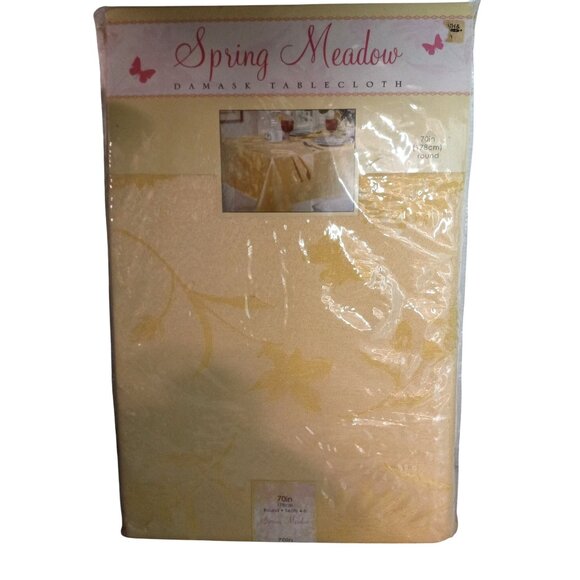 Spring Meadow Damask Tablecloth 70 inch Round Butter Yellow Flowers Vintage NEW - Picture 2 of 10